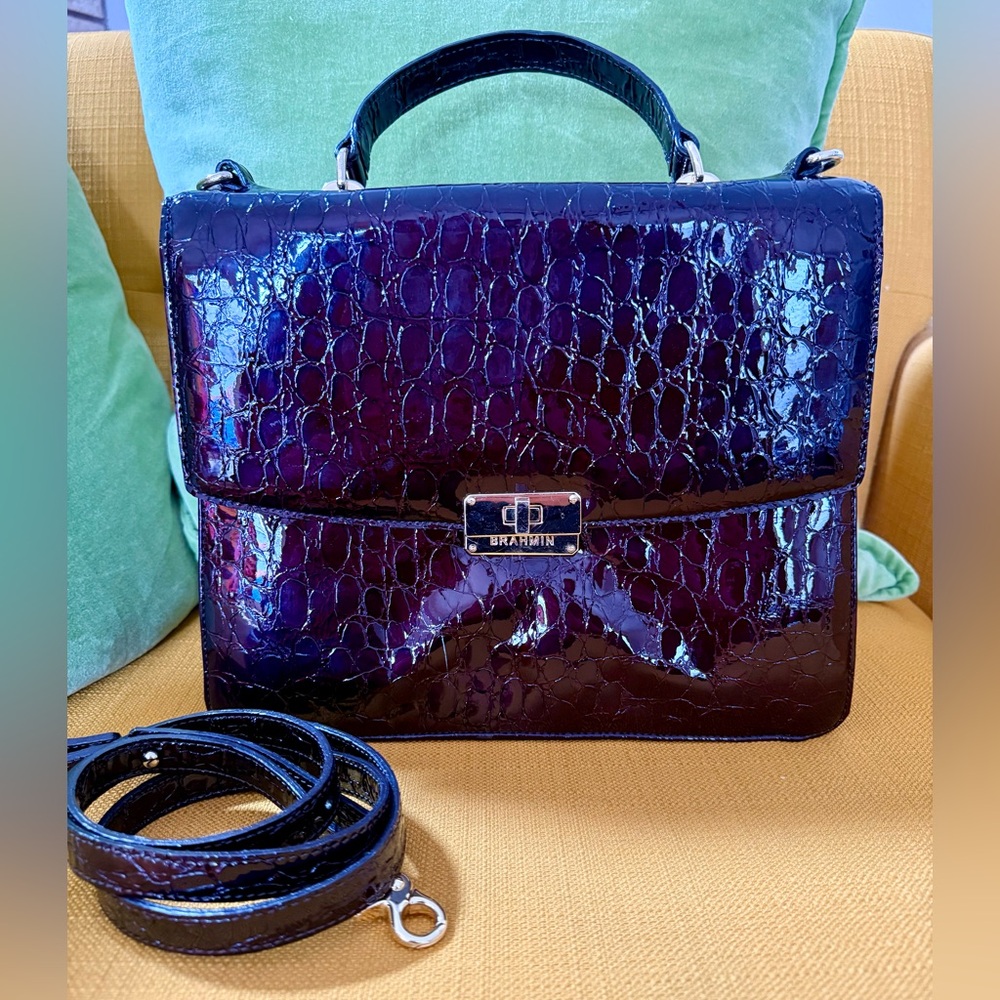 Brahmin Dark Brown Berry Leather Crocodile-Embossed Handbag